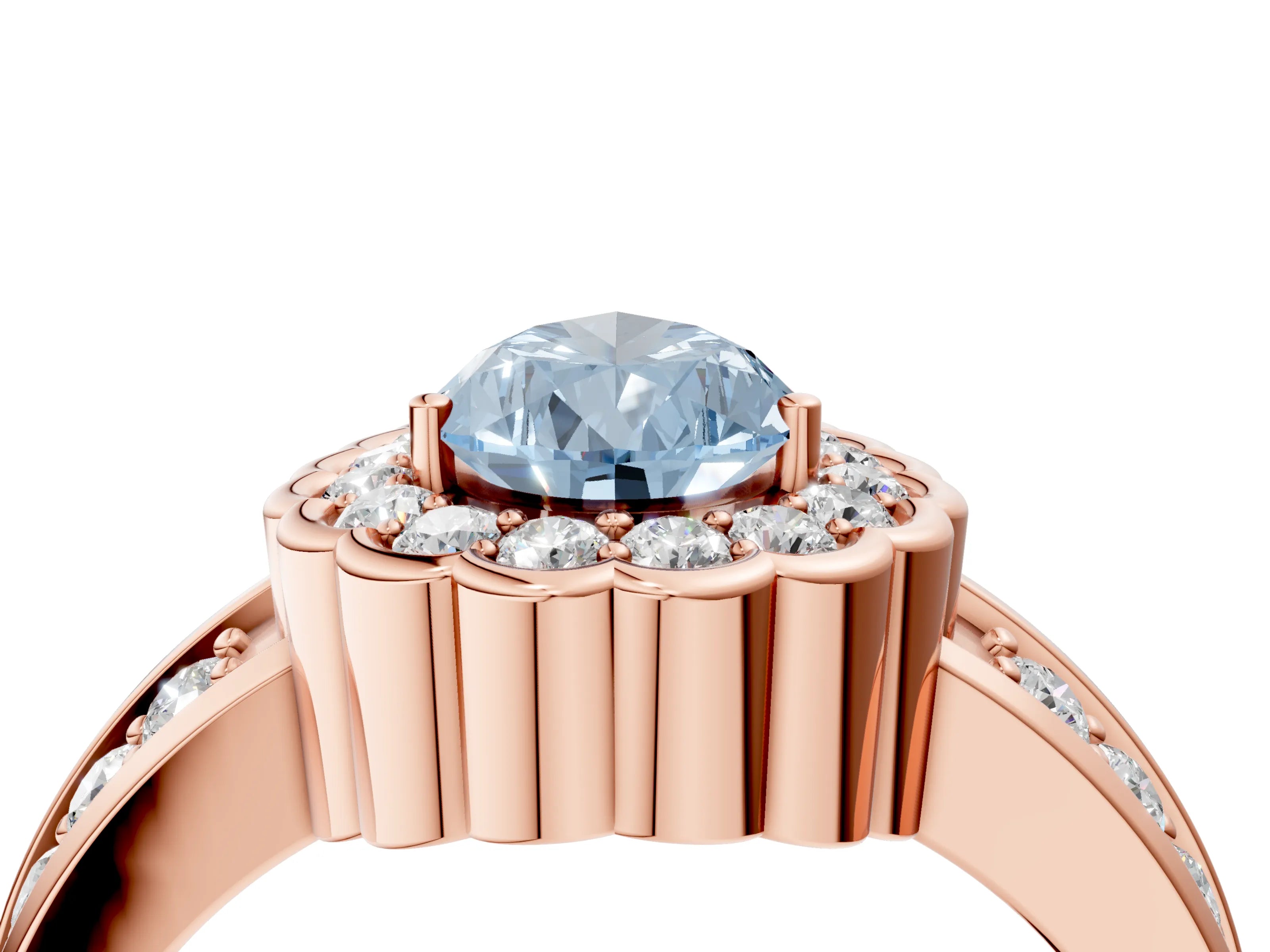 Rose gold Fancy Blue Pear Cut Halo Diamond Split Shank Ring with Scalloped Prong Setting_4