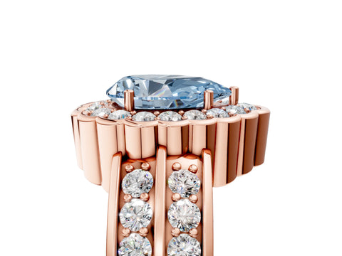 Rose gold Fancy Blue Pear Cut Halo Diamond Split Shank Ring with Scalloped Prong Setting_5