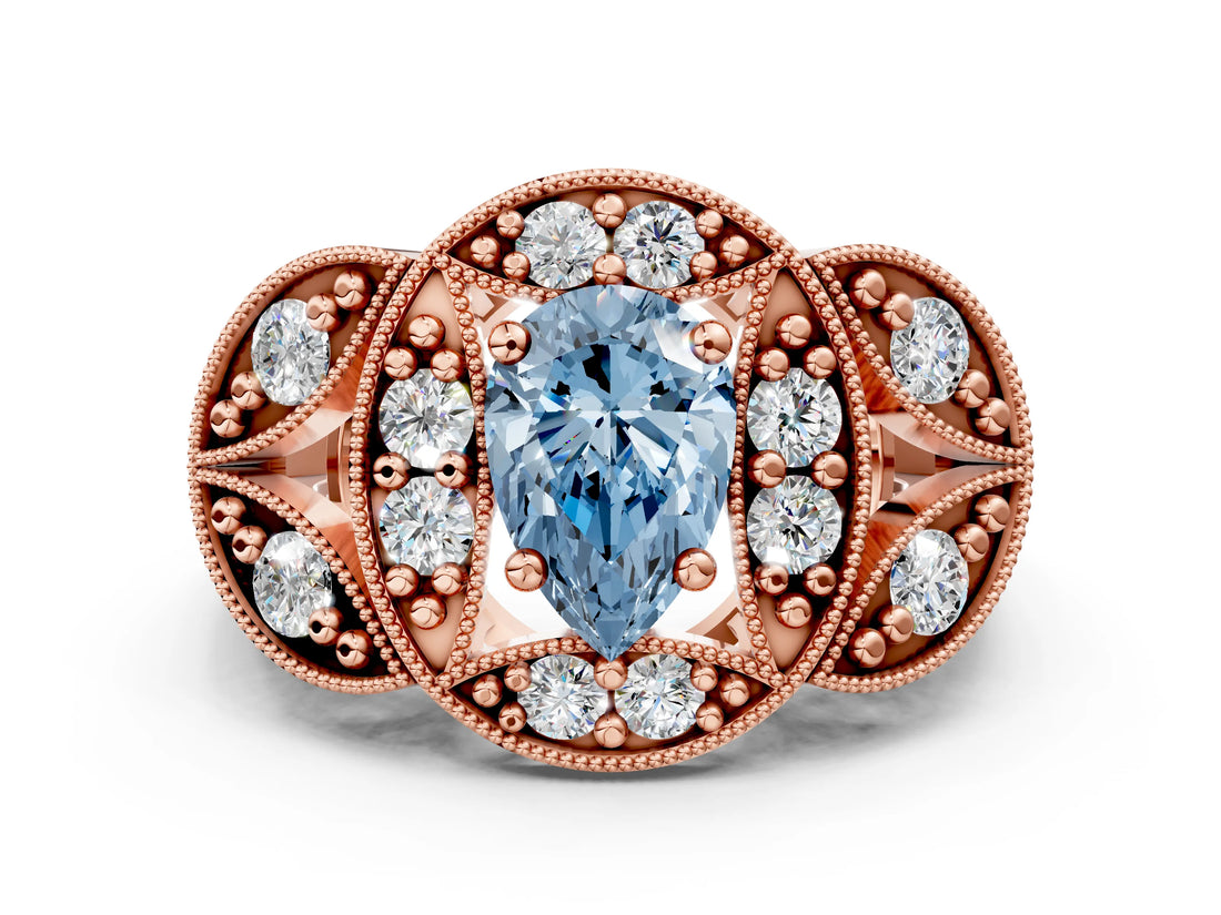 Rose gold Fancy Blue Pear Cut Halo Milgrain Diamond Engagement Ring with Leaf Band and Four-Prong Setting