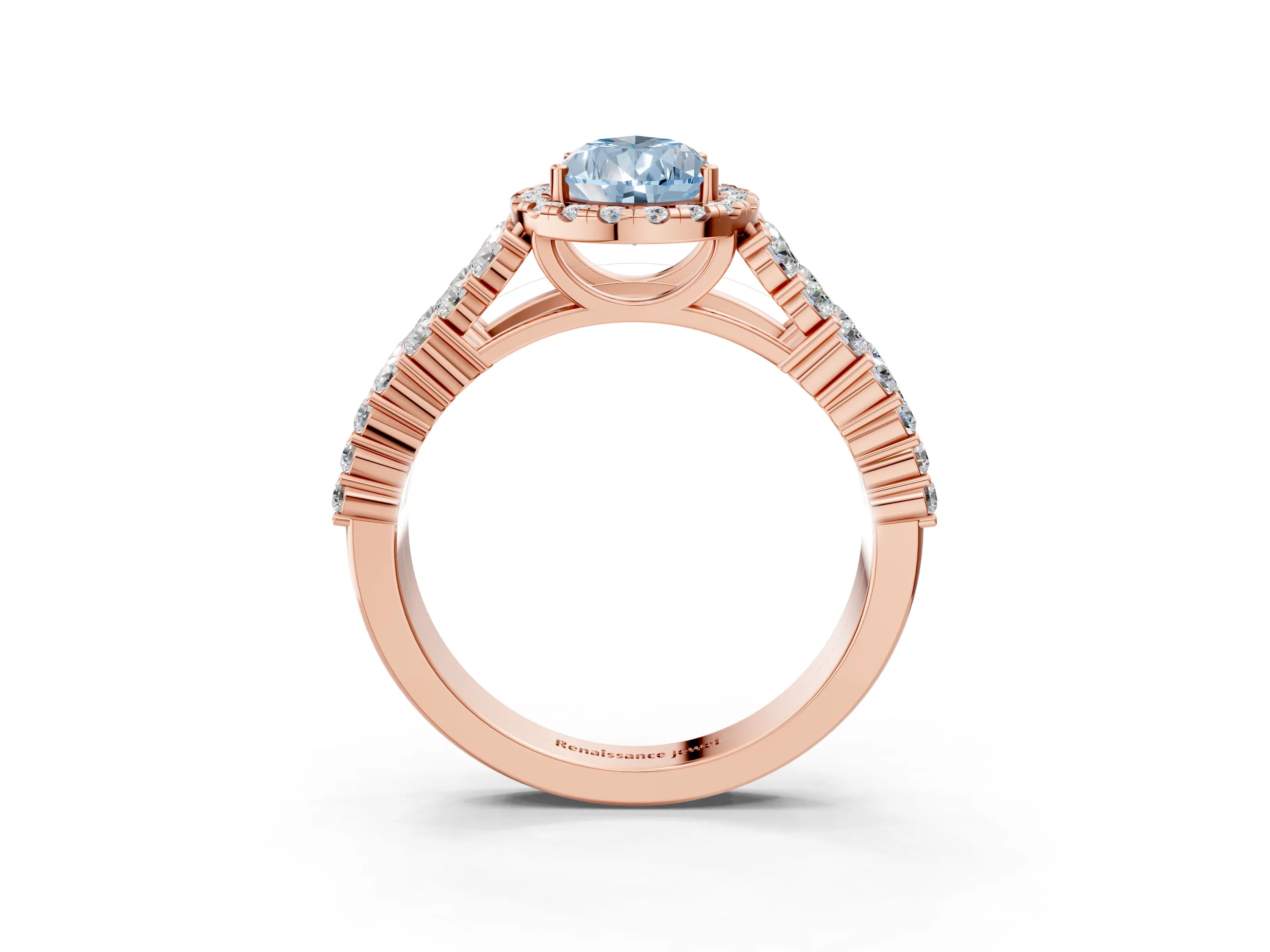 Rose gold Fancy Blue Pear Cut Halo Pavé Diamond Engagement Ring with Split Shank and Four-Prong Setting_6
