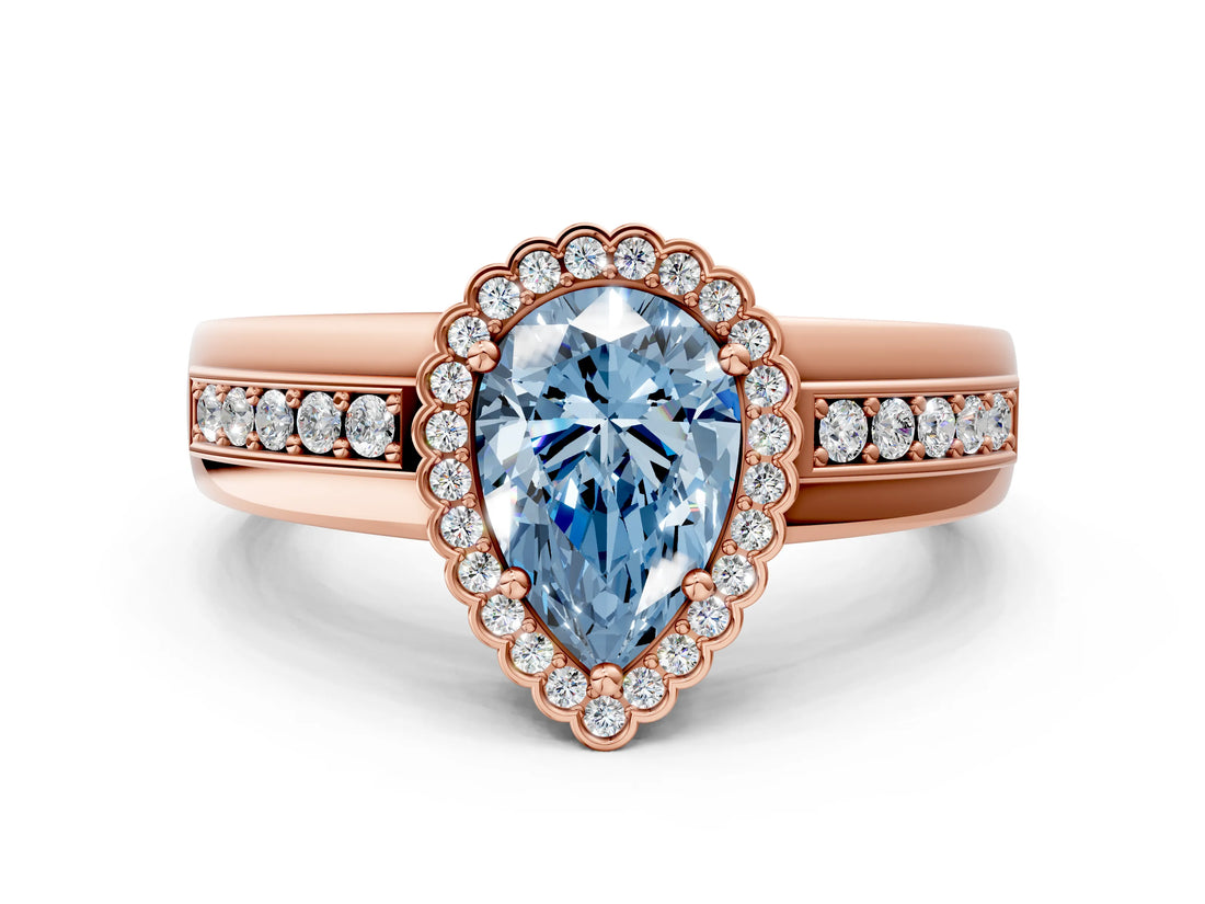 Rose gold Fancy Blue Pear  Cut Halo Pave Band Four-Prong Ring_48