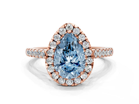 Rose gold Fancy Blue Pear Cut Halo Pave Diamond Engagement Ring with Four-Prong Setting