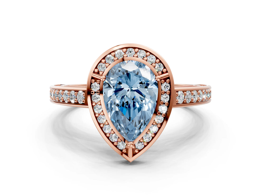 Rose gold Fancy Blue Pear  Cut Halo Pave Split Shank Prong Setting Ring_33