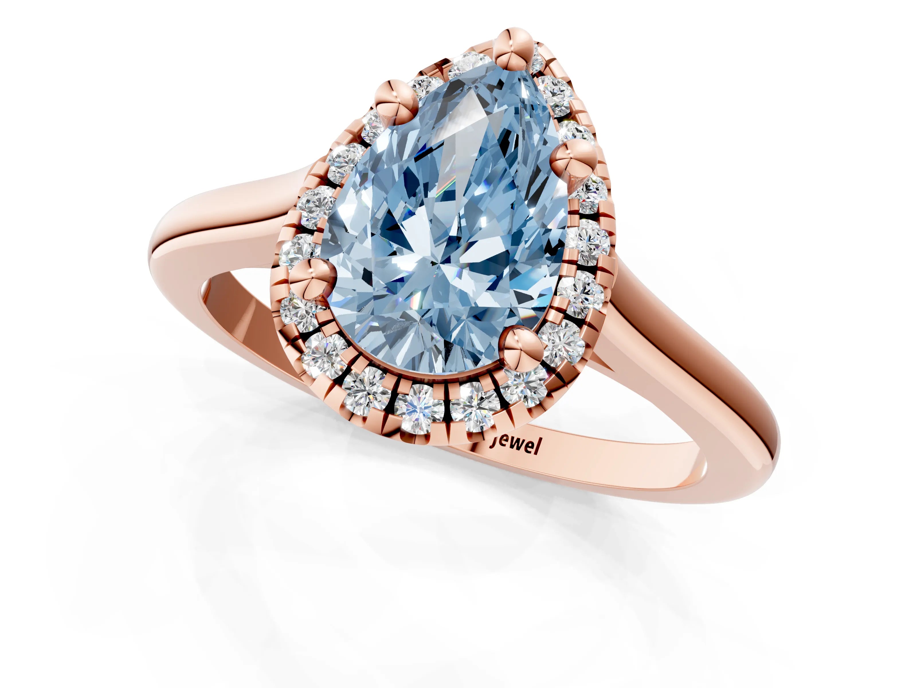 Rose gold Fancy Blue Pear Cut Halo Round Diamond Solitaire Engagement Ring with Pave Band and Four-Prong Setting_13