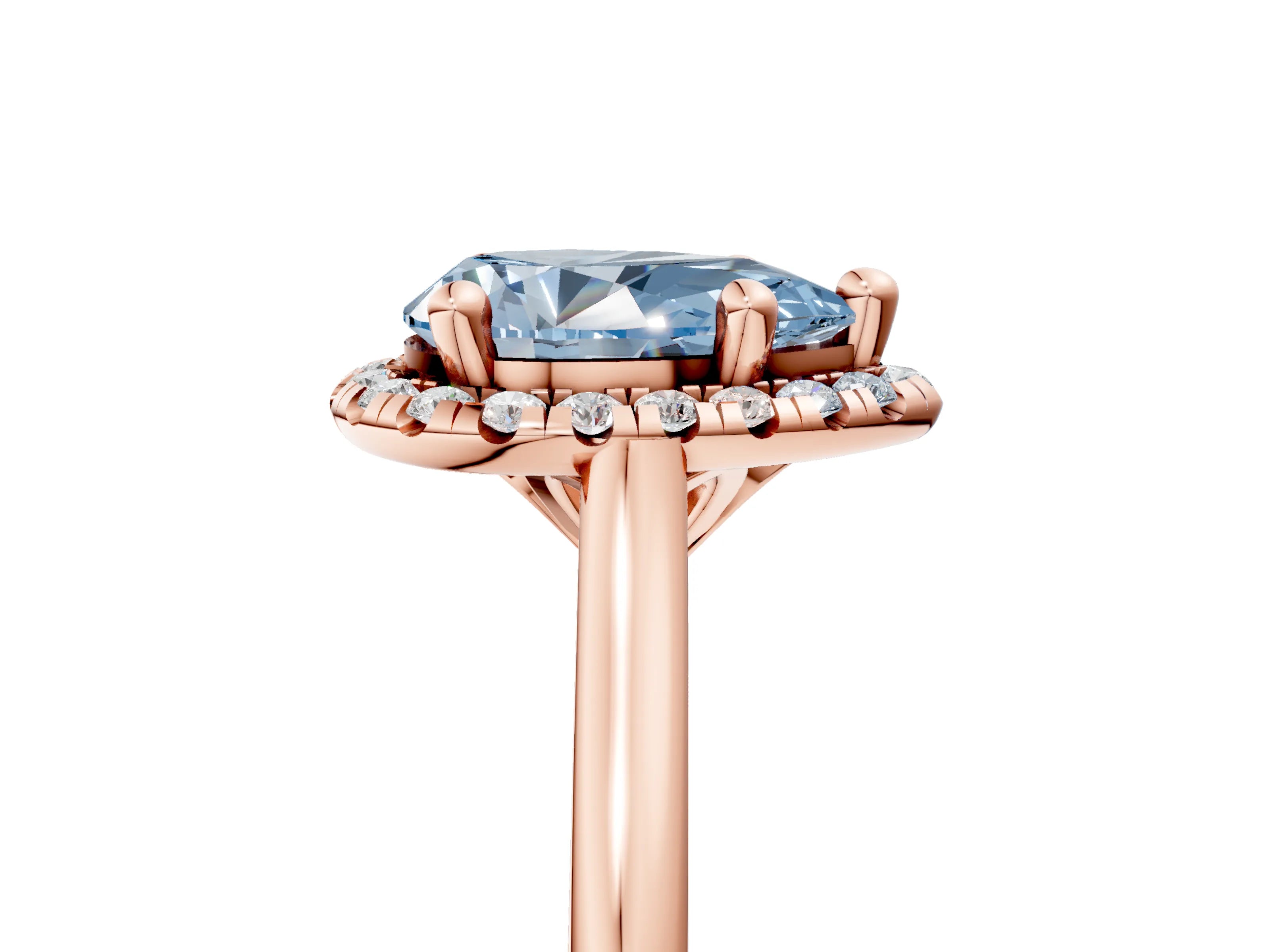 Rose gold Fancy Blue Pear Cut Halo Round Diamond Solitaire Engagement Ring with Pave Band and Four-Prong Setting_17