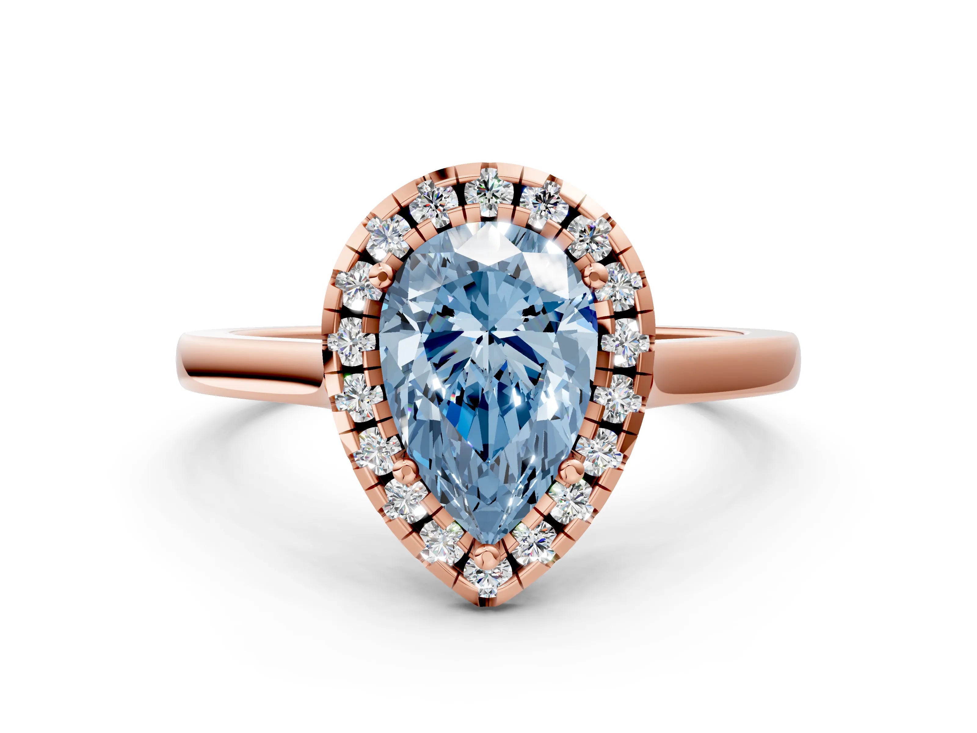 Rose gold Fancy Blue Pear Cut Halo Round Diamond Solitaire Ring with Pavé Band and Four-Prong Setting_12