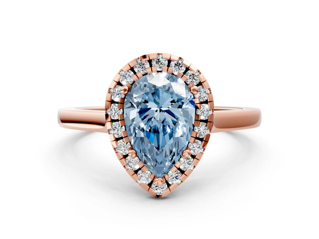 Rose gold Fancy Blue Pear Cut Halo Round Diamond Solitaire Ring with Pavé Band and Four-Prong Setting_12
