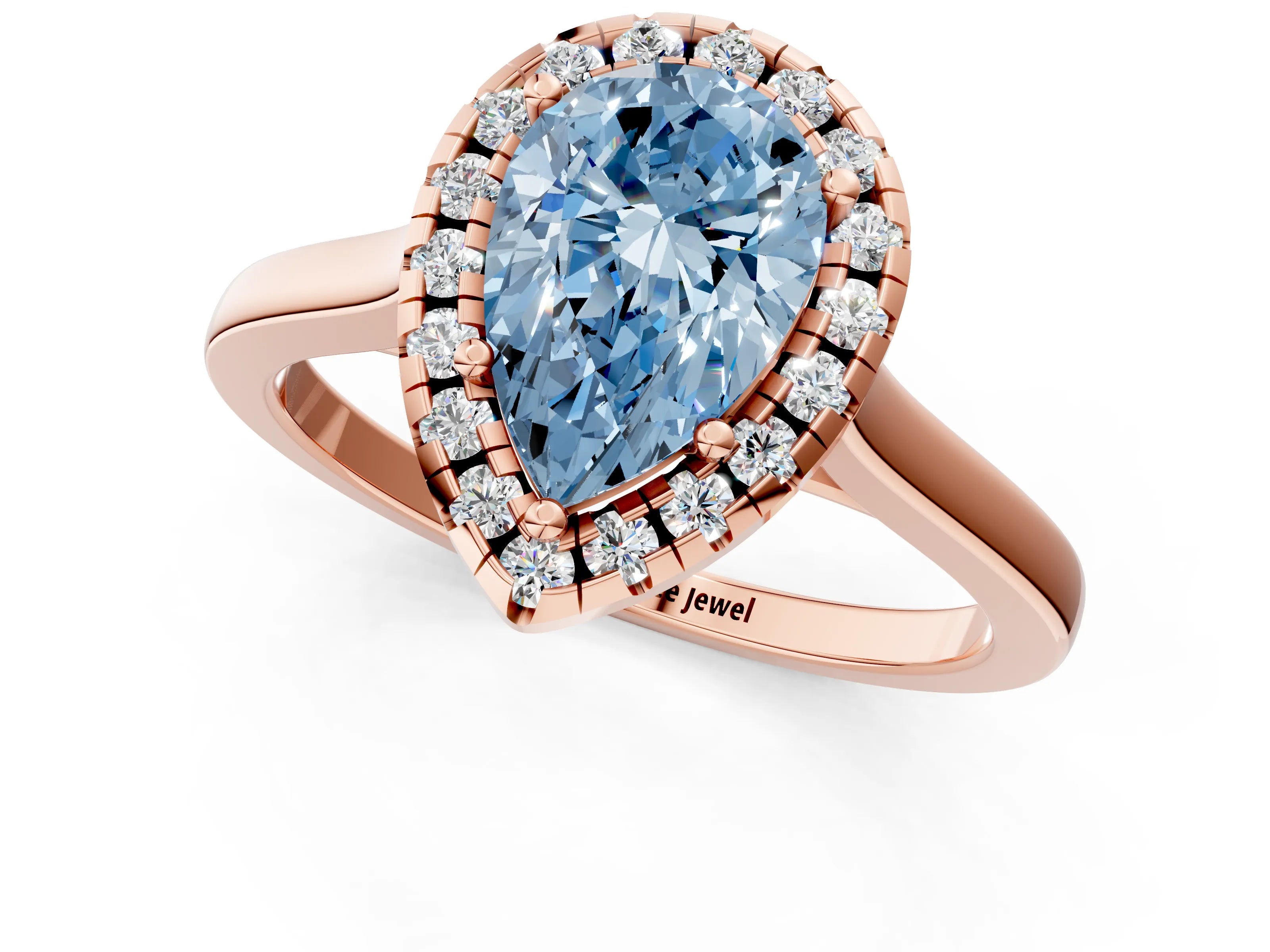 Rose gold Fancy Blue Pear Cut Halo Round Diamond Solitaire Ring with Pavé Band and Four-Prong Setting_13