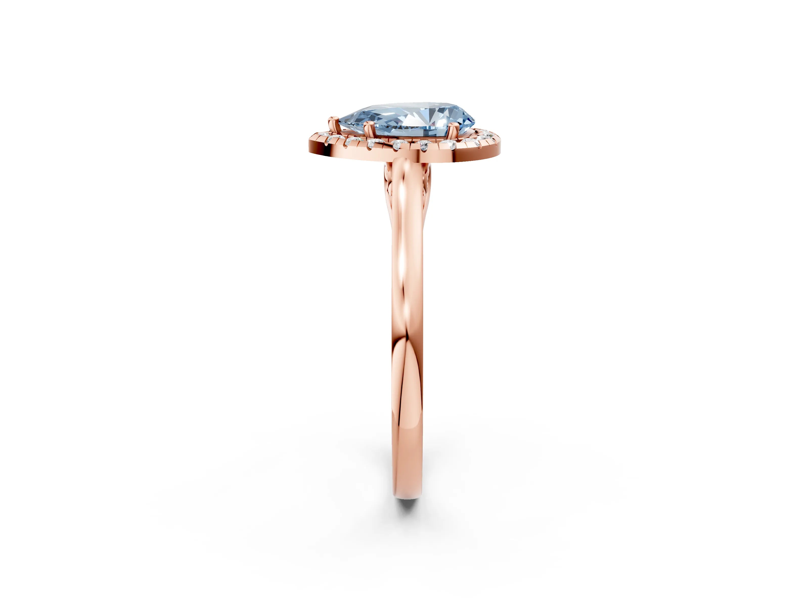 Rose gold Fancy Blue Pear Cut Halo Round Diamond Solitaire Ring with Pavé Band and Four-Prong Setting_14