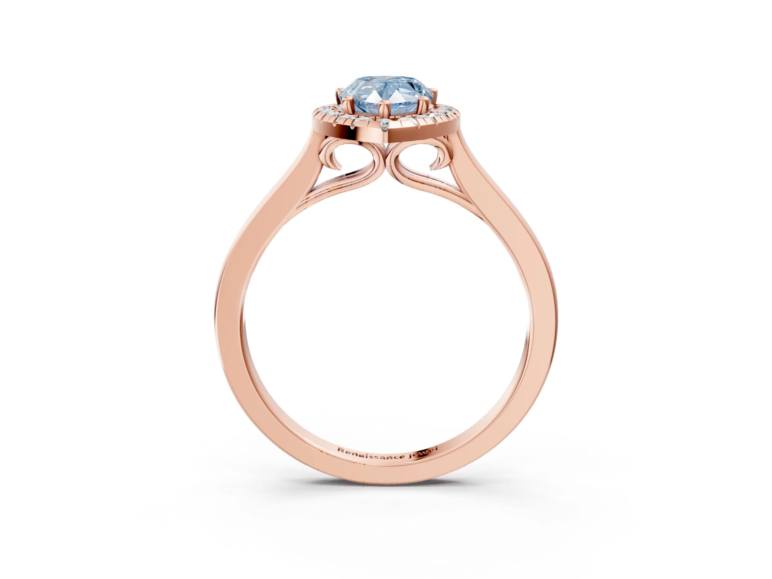 Rose gold Fancy Blue Pear Cut Halo Round Diamond Solitaire Ring with Pavé Band and Four-Prong Setting_15