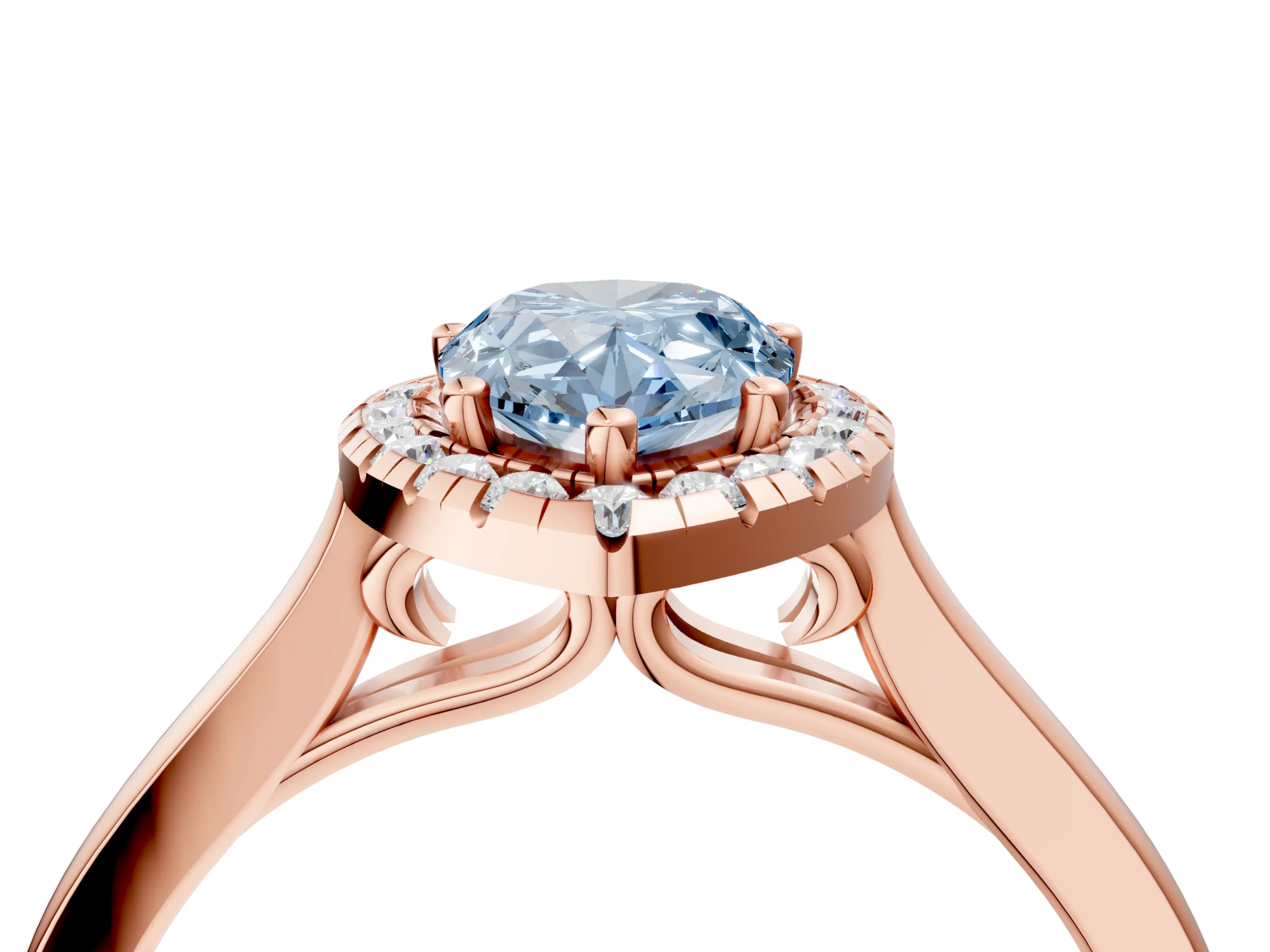 Rose gold Fancy Blue Pear Cut Halo Round Diamond Solitaire Ring with Pavé Band and Four-Prong Setting_16