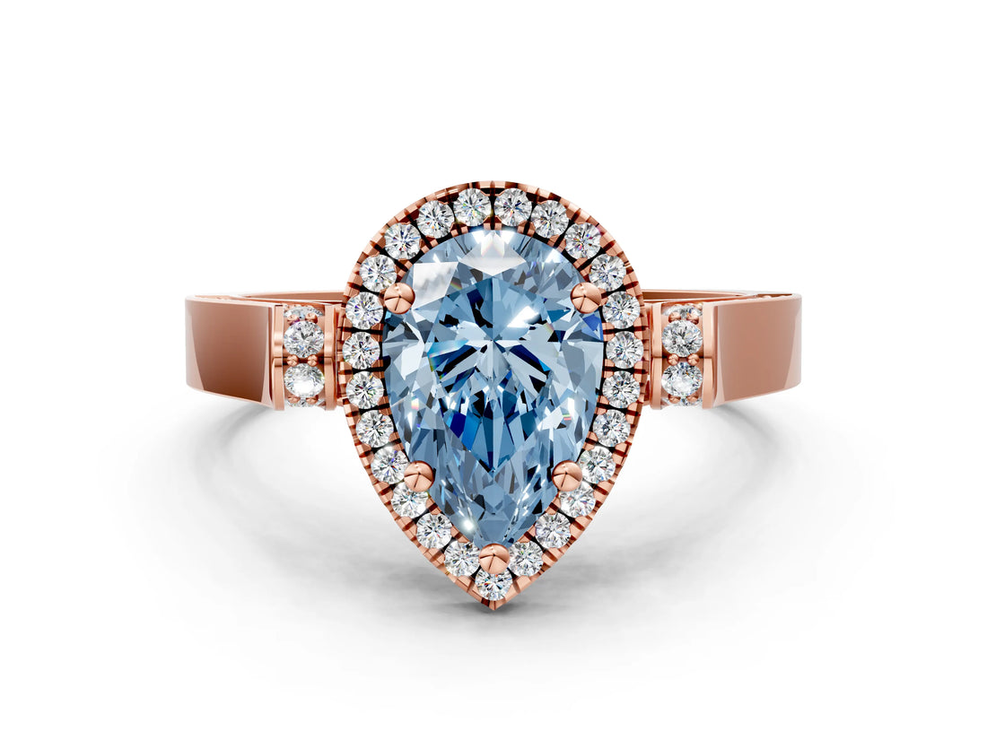 Rose gold Fancy Blue Pear Cut Halo Round Diamond Twist Band with Four-Prong Setting
