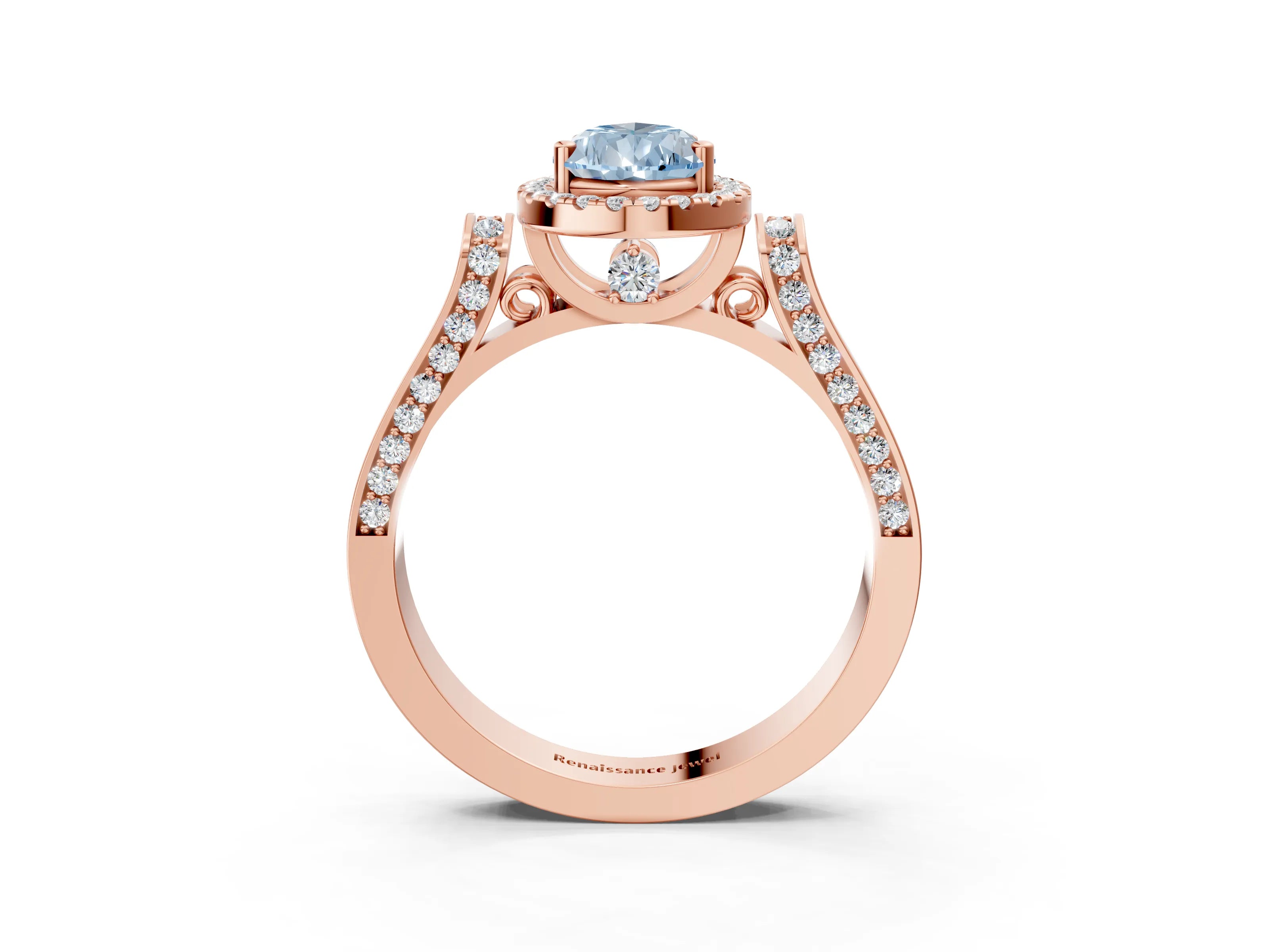 Rose gold Fancy Blue Pear Cut Halo Round Diamond Twist Band with Four-Prong Setting_3