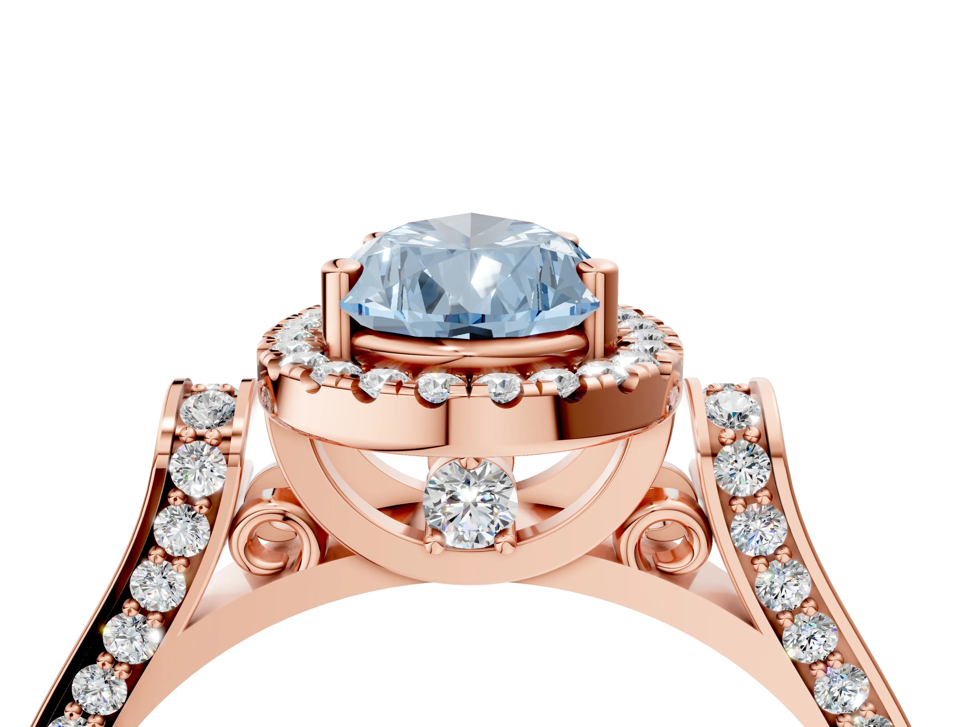 Rose gold Fancy Blue Pear Cut Halo Round Diamond Twist Band with Four-Prong Setting_4