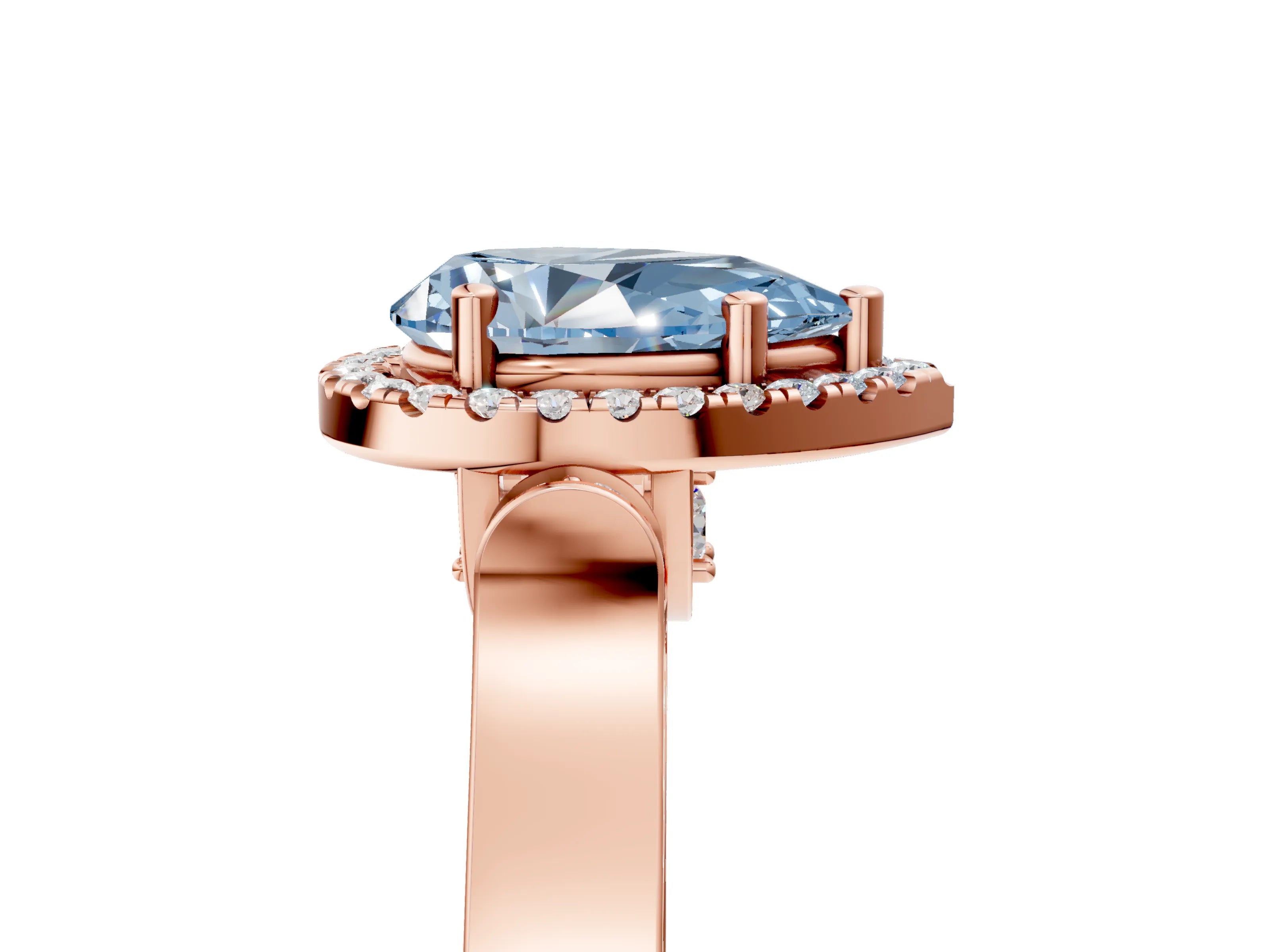 Rose gold Fancy Blue Pear Cut Halo Round Diamond Twist Band with Four-Prong Setting_5