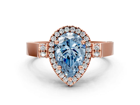 Rose gold Fancy Blue Pear Cut Halo Round Diamond Twist Band with Four-Prong Setting
