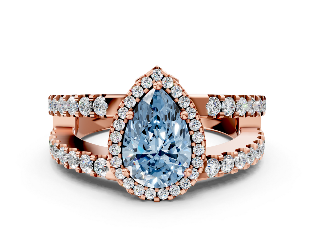 Rose gold Fancy Blue Pear  Cut Halo Split Shank Diamond Ring with Four-Prong Setting_45