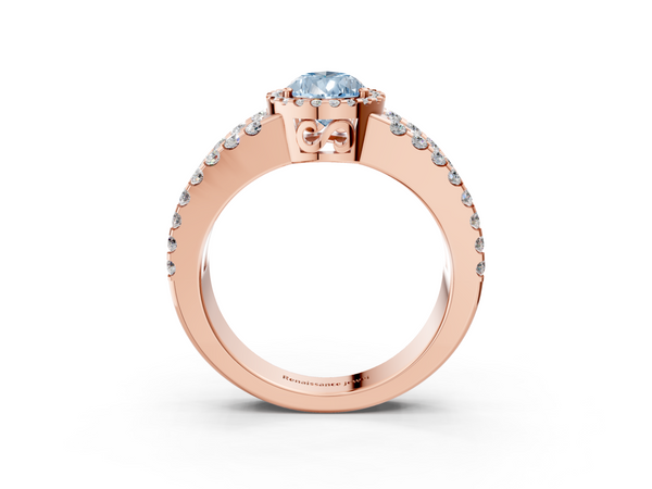 Rose gold Fancy Blue Pear  Cut Halo Split Shank Diamond Ring with Four-Prong Setting