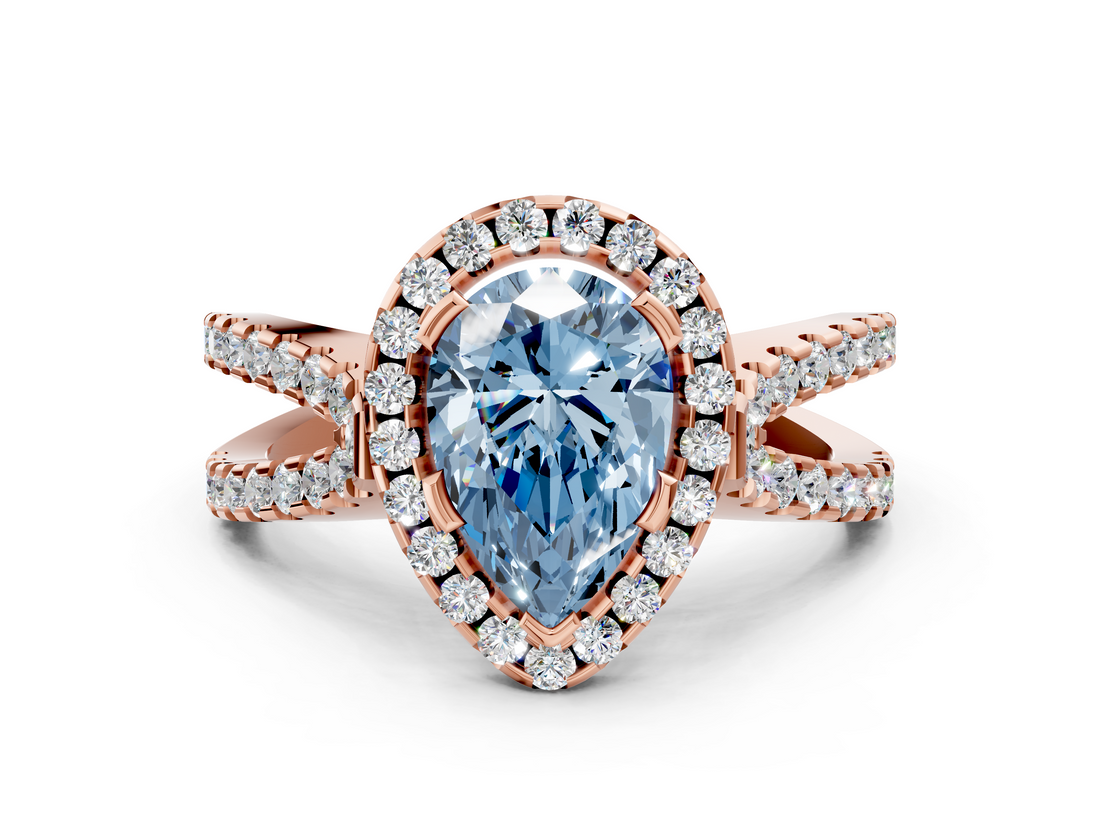 Rose gold Fancy Blue Pear  Cut Halo Split Shank Pave Set Ring_62