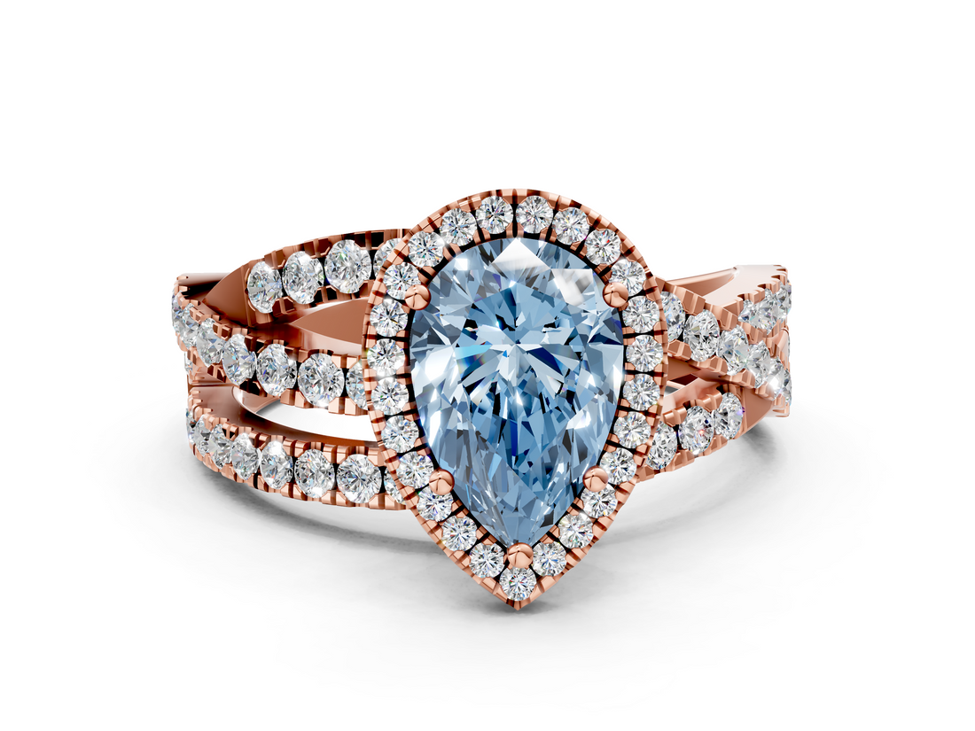 Rose gold Fancy Blue Pear  Cut Halo Split Shank Prong Setting Ring_78
