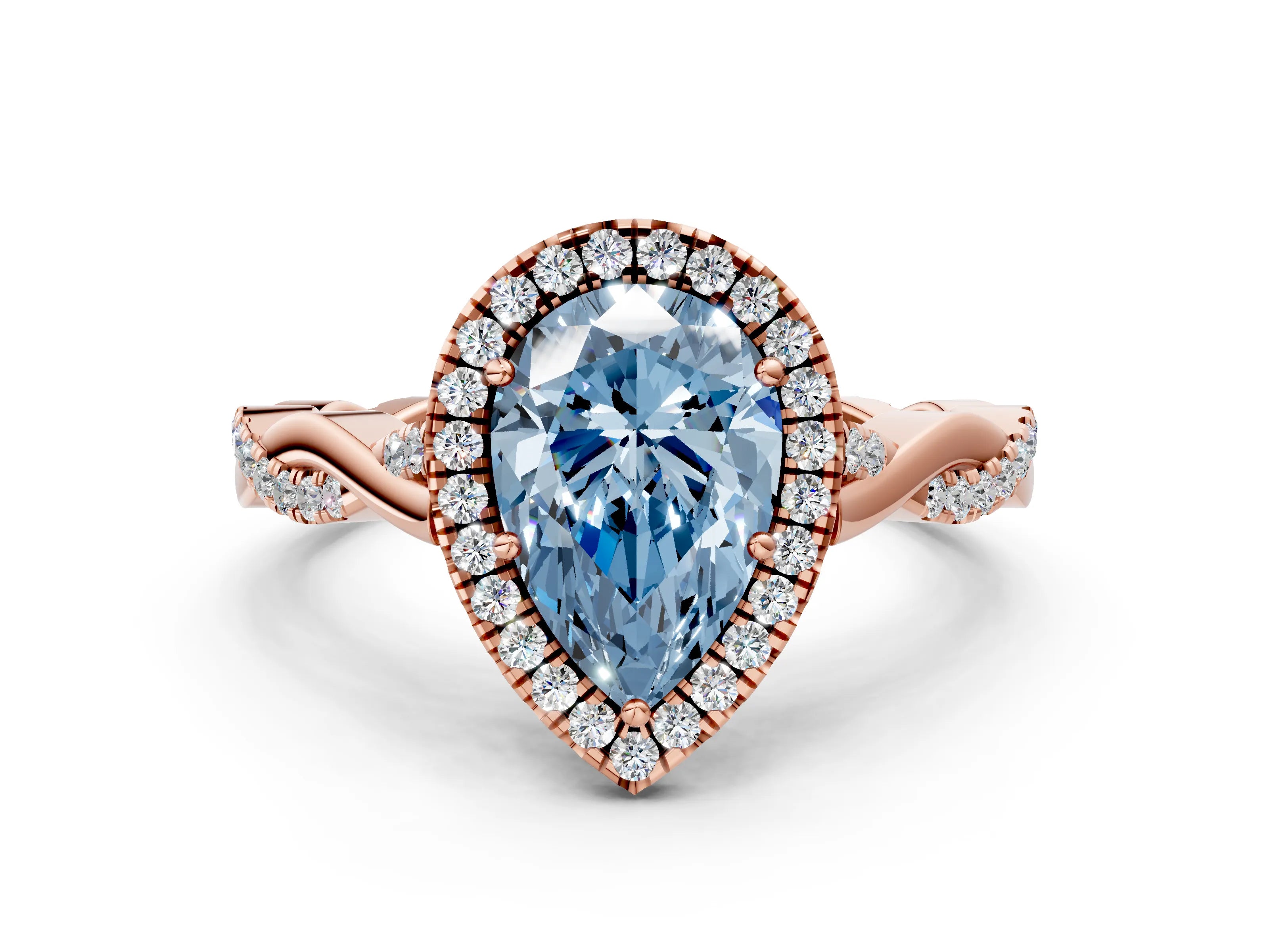 Rose gold Fancy Blue Pear Cut Halo Twist Band with Four-Prong Setting