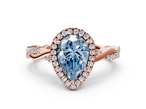 Rose gold Fancy Blue Pear  Cut Halo Twisted Band Four-Prong Ring