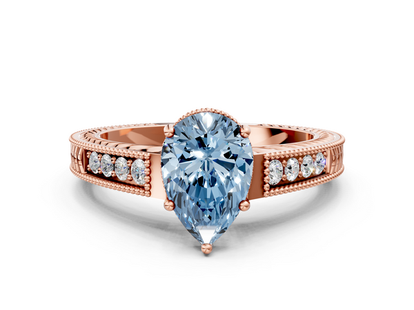 Rose gold Fancy Blue Pear Cut Diamond Engagement Ring with Milgrain Channel Set Band and Prong Setting