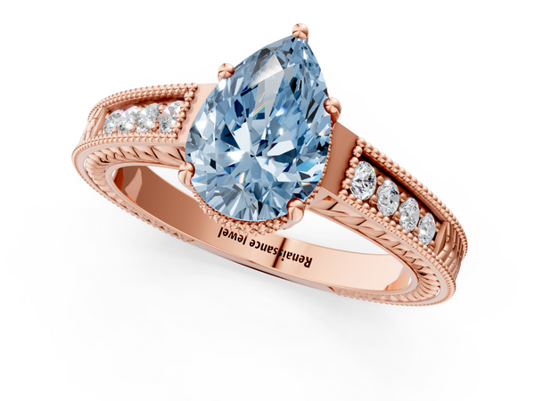 Rose gold Fancy Blue Pear Cut Diamond Engagement Ring with Milgrain Channel Set Band and Prong Setting