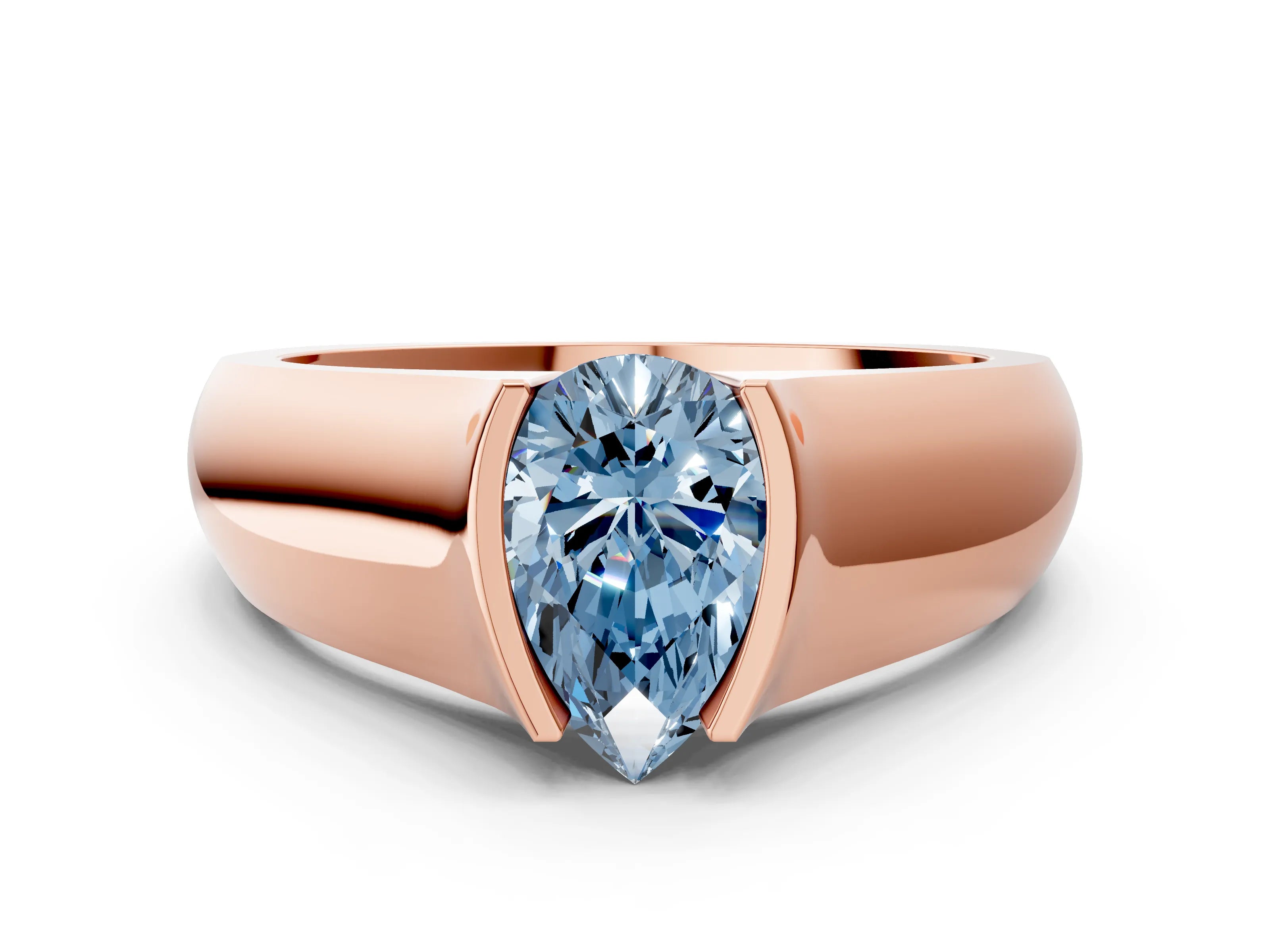 Rose gold Fancy Blue Pear Cut Solitaire Bezel Set Diamond Ring with Wide Band