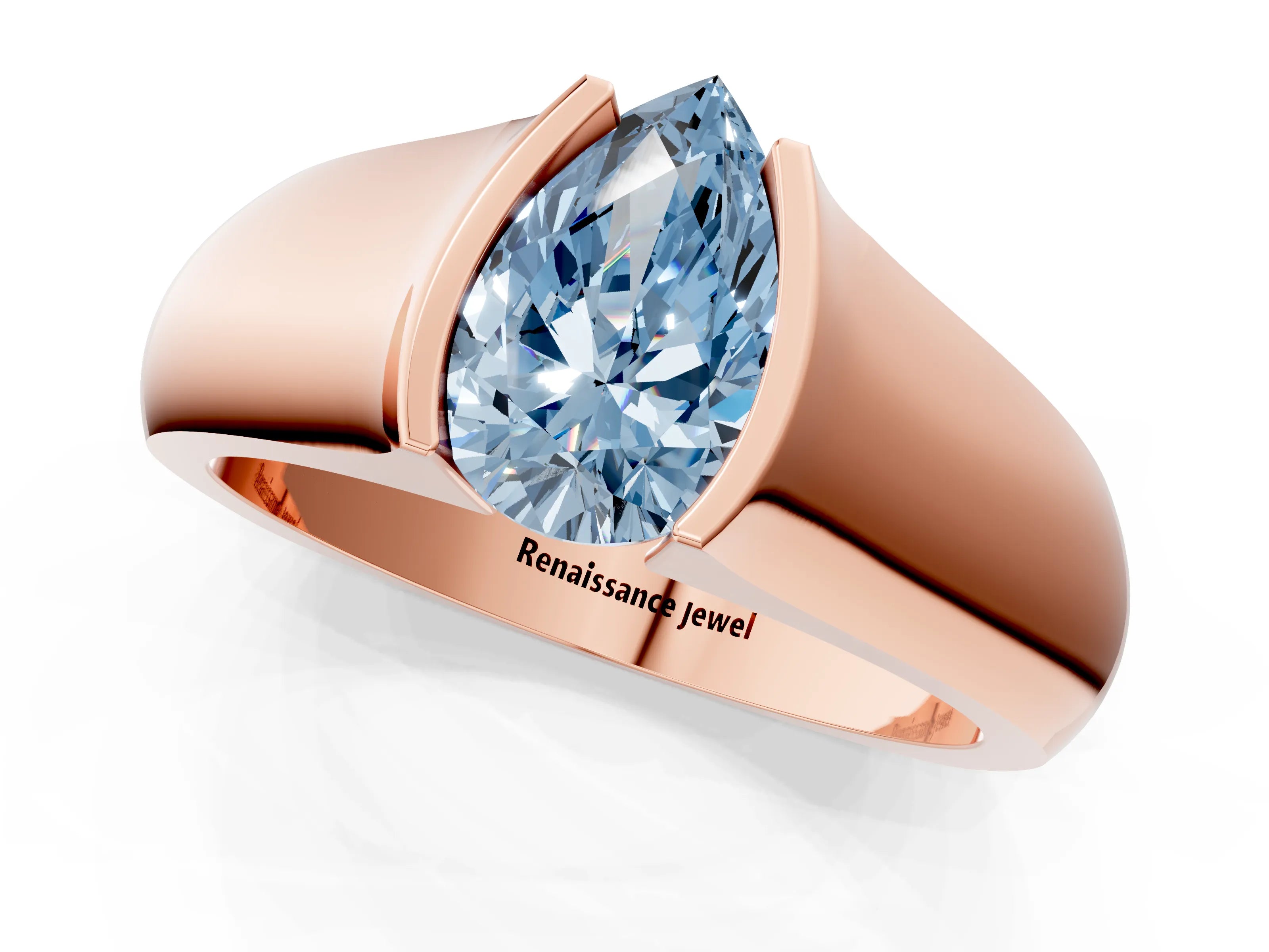 Rose gold Fancy Blue Pear Cut Solitaire Bezel Set Diamond Ring with Wide Band_1