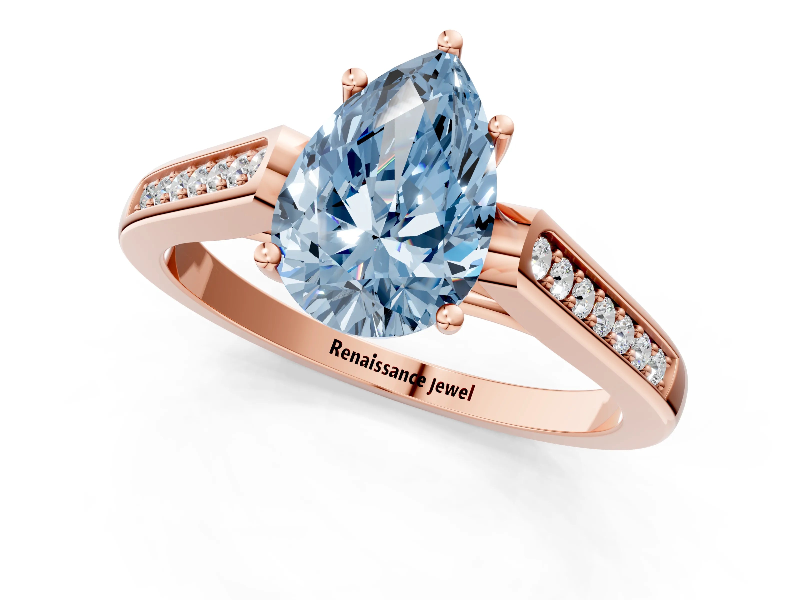 Rose gold Fancy Blue Pear Cut Solitaire Cathedral Diamond Engagement Ring with Channel-Set Band and Four-Prong Setting_4
