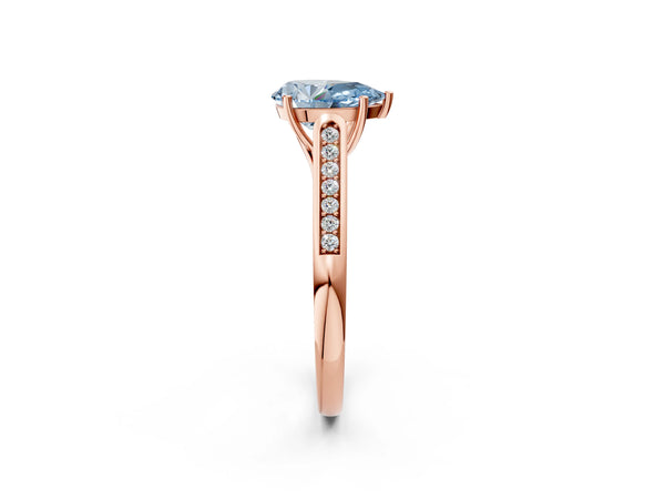 Rose gold Fancy Blue Pear Cut Solitaire Cathedral Diamond Engagement Ring with Channel-Set Band and Four-Prong Setting