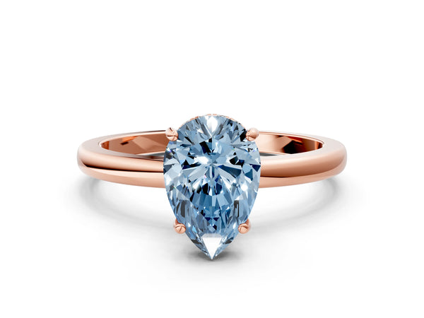 Rose gold Fancy Blue Pear Cut Solitaire Diamond Ring with Prong Setting and Plain Band