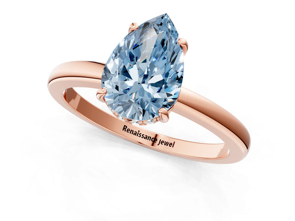Rose gold Fancy Blue Pear Cut Solitaire Diamond Ring with Prong Setting and Plain Band