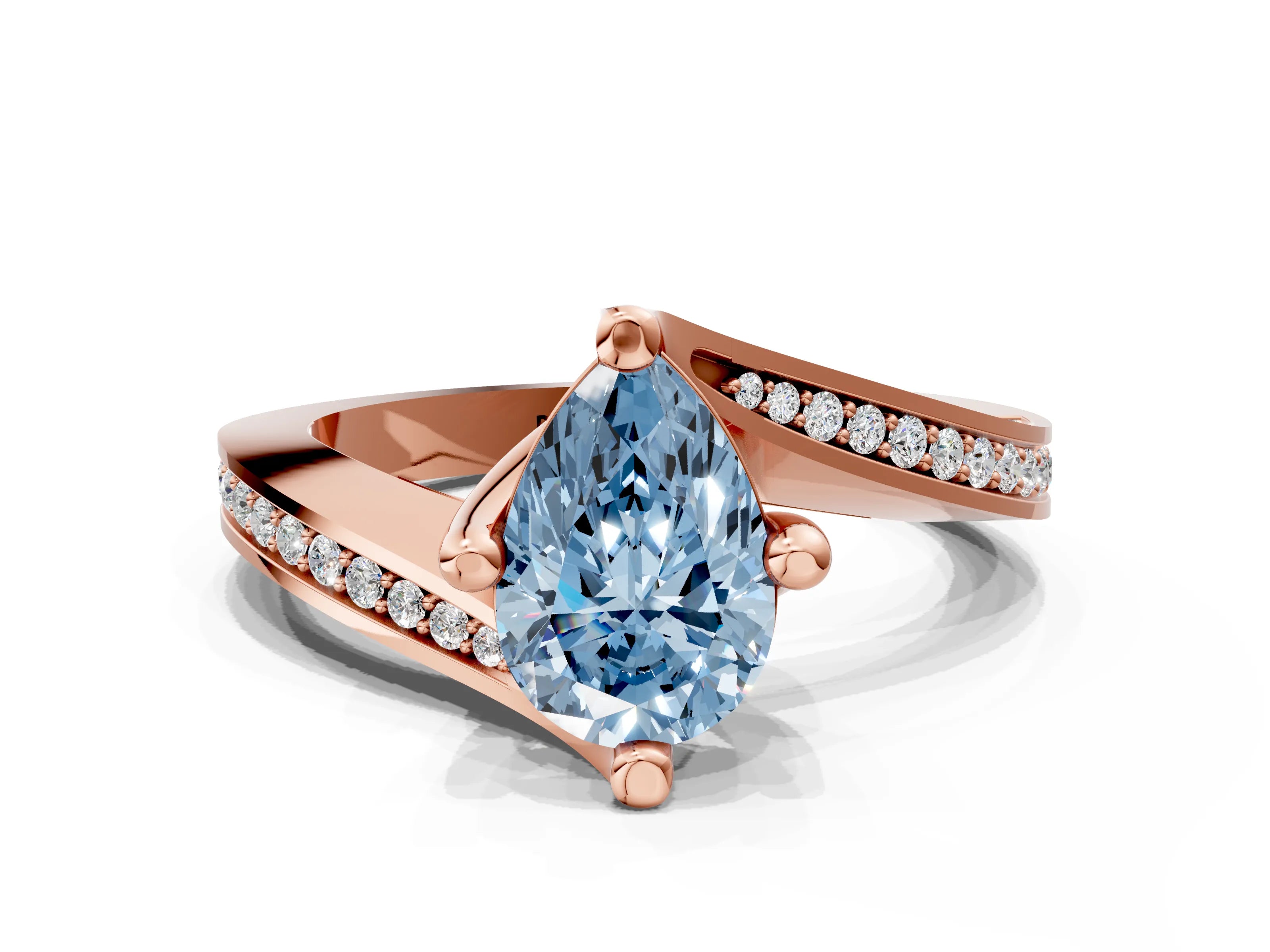 Rose gold Fancy Blue Pear Cut Solitaire Diamond Twist Band with Pavé Setting and Four-Prong Setting
