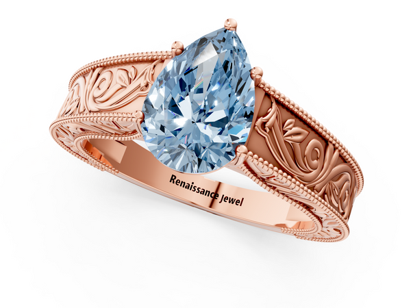 Rose gold Fancy Blue Pear Cut Diamond Solitaire Ring with Engraved Band and Four-Prong Setting