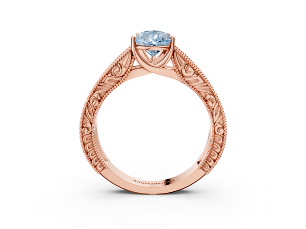 Rose gold Fancy Blue Pear Cut Diamond Solitaire Ring with Engraved Band and Four-Prong Setting