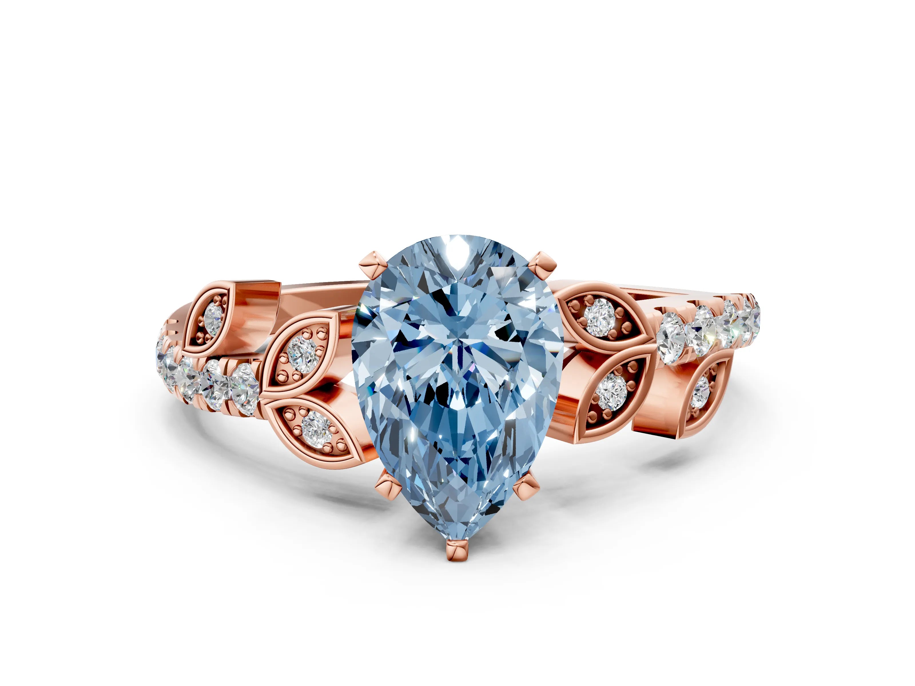 Rose gold Fancy Blue Pear Cut Solitaire Leaf-Inspired Diamond Ring with Pavé Band and Four-Prong Setting