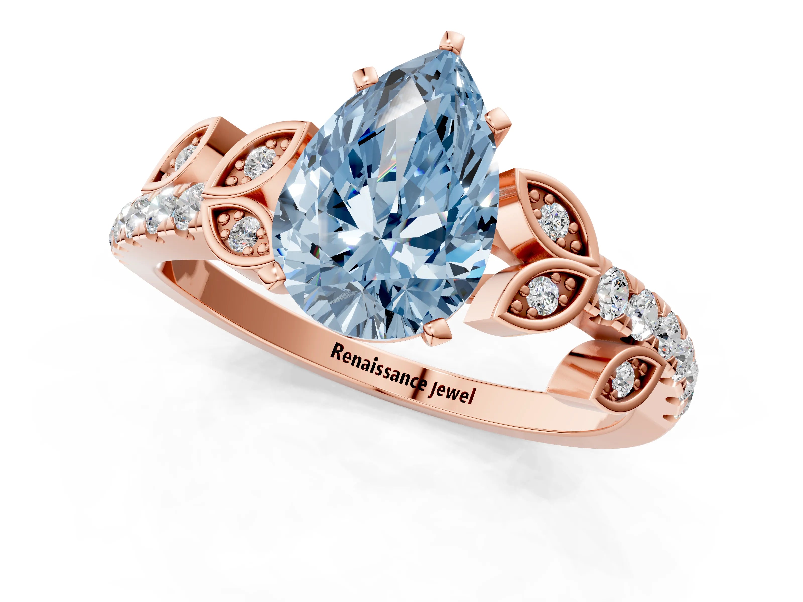 Rose gold Fancy Blue Pear Cut Solitaire Leaf-Inspired Diamond Ring with Pavé Band and Four-Prong Setting_1