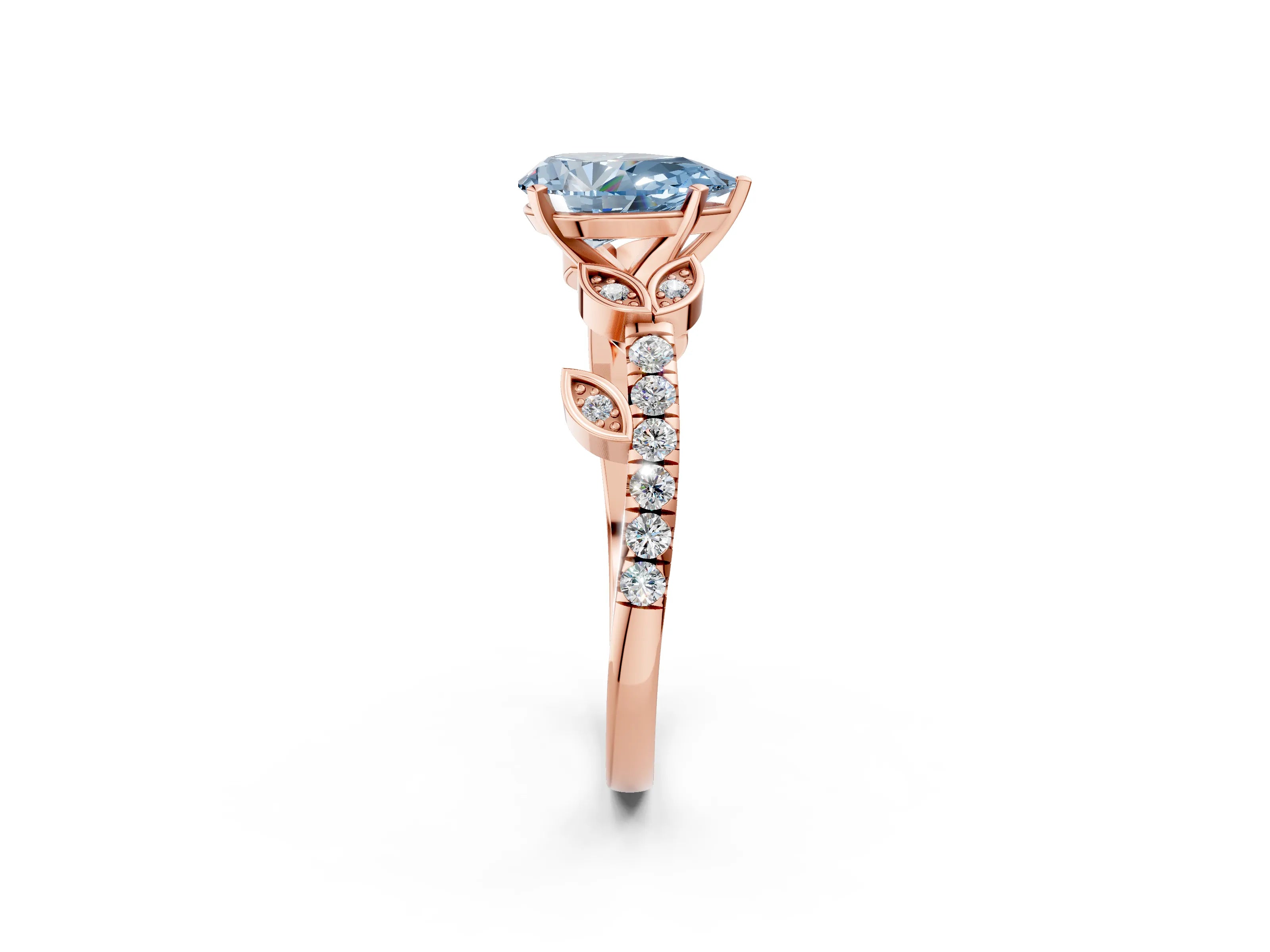 Rose gold Fancy Blue Pear Cut Solitaire Leaf-Inspired Diamond Ring with Pavé Band and Four-Prong Setting_2