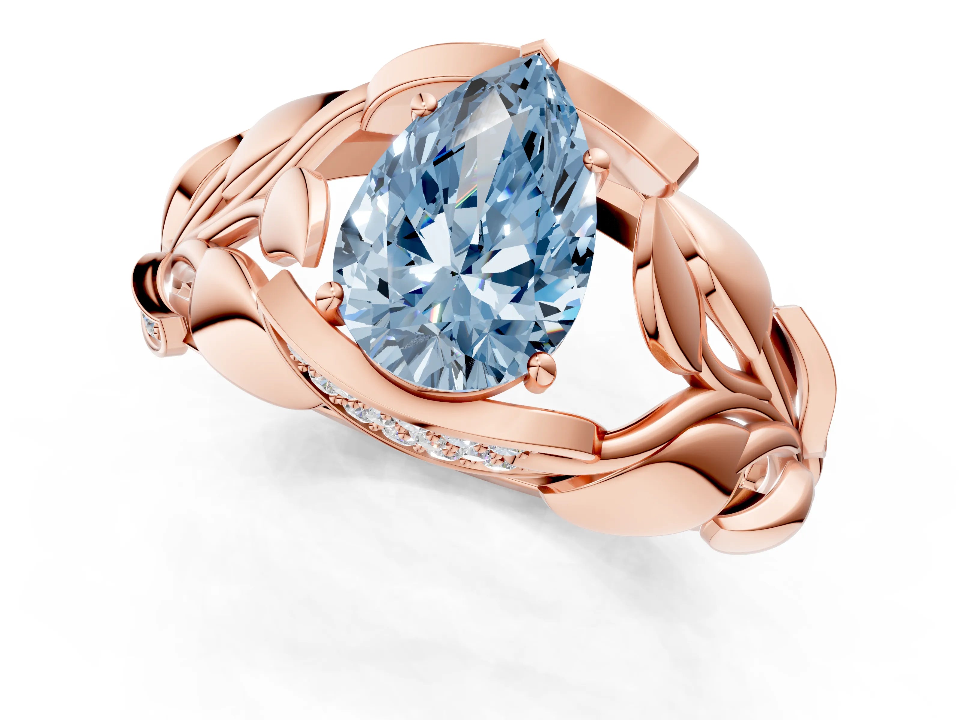 Rose gold Fancy Blue Pear Cut Solitaire Leaf-Inspired Engagement Ring with Prong Setting_1