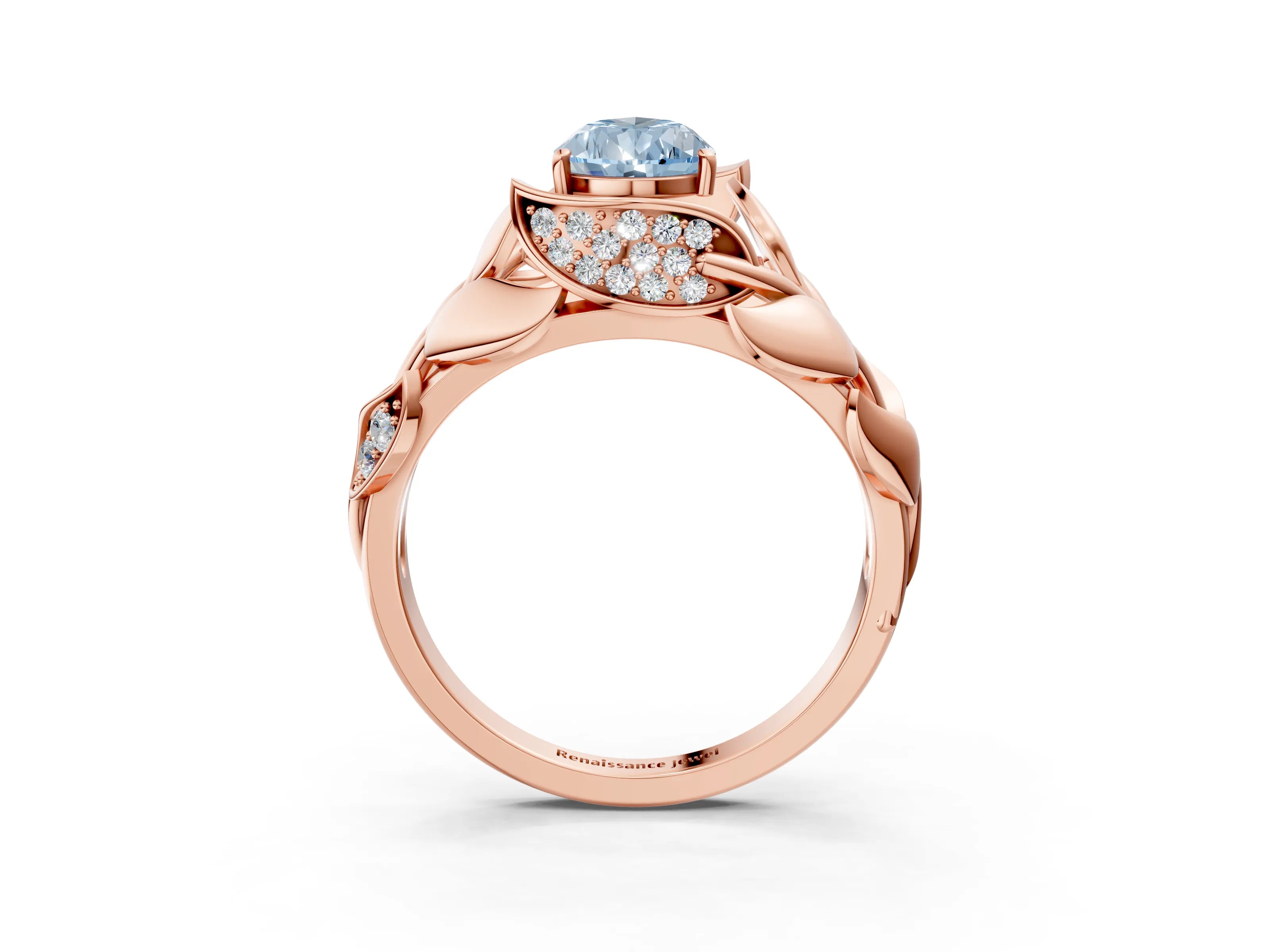 Rose gold Fancy Blue Pear Cut Solitaire Leaf-Inspired Engagement Ring with Prong Setting_3