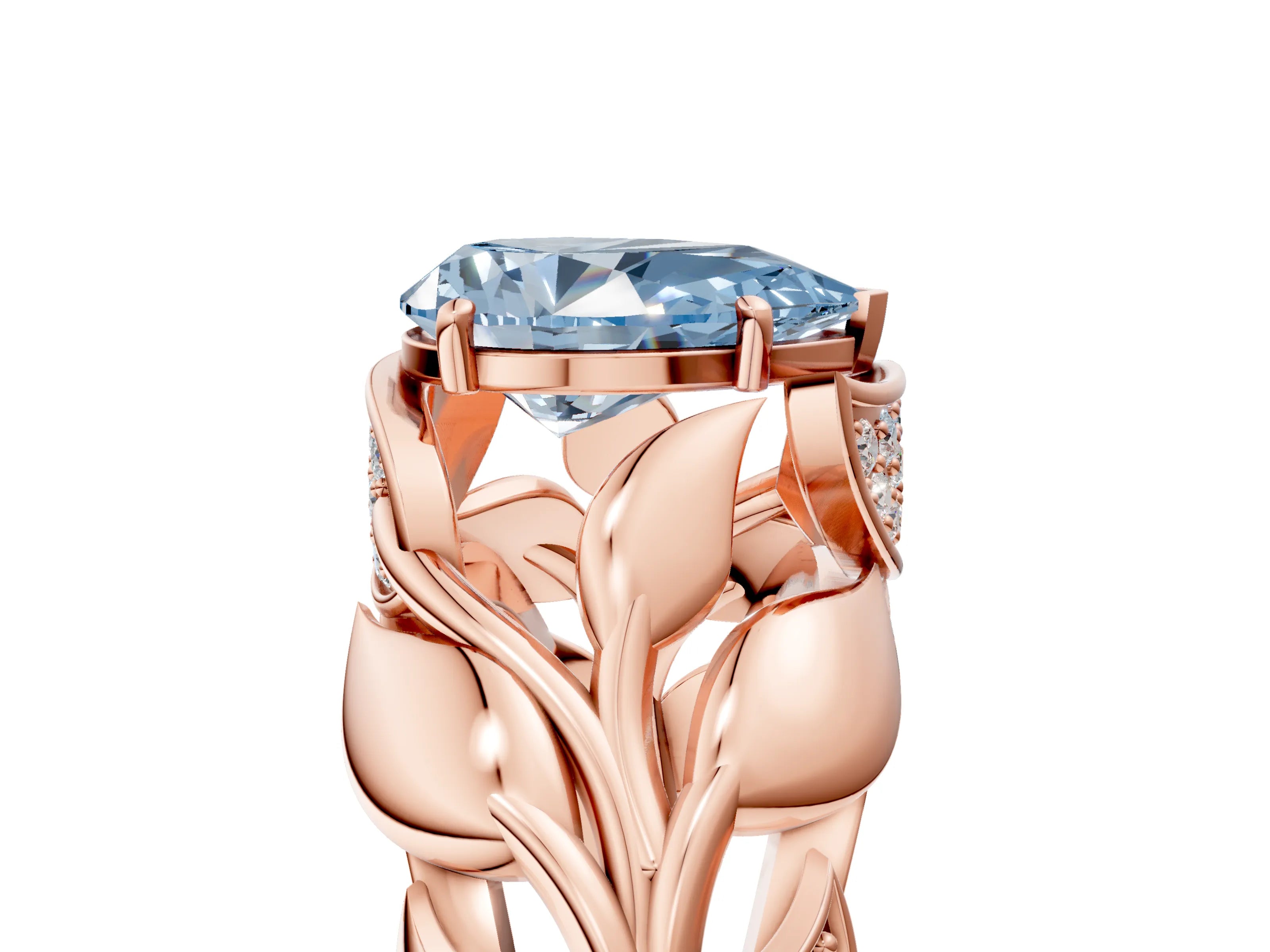 Rose gold Fancy Blue Pear Cut Solitaire Leaf-Inspired Engagement Ring with Prong Setting_5