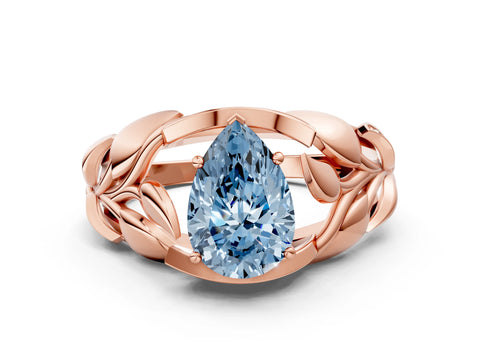 Rose gold Fancy Blue Pear Cut Solitaire Leaf-Inspired Engagement Ring with Prong Setting