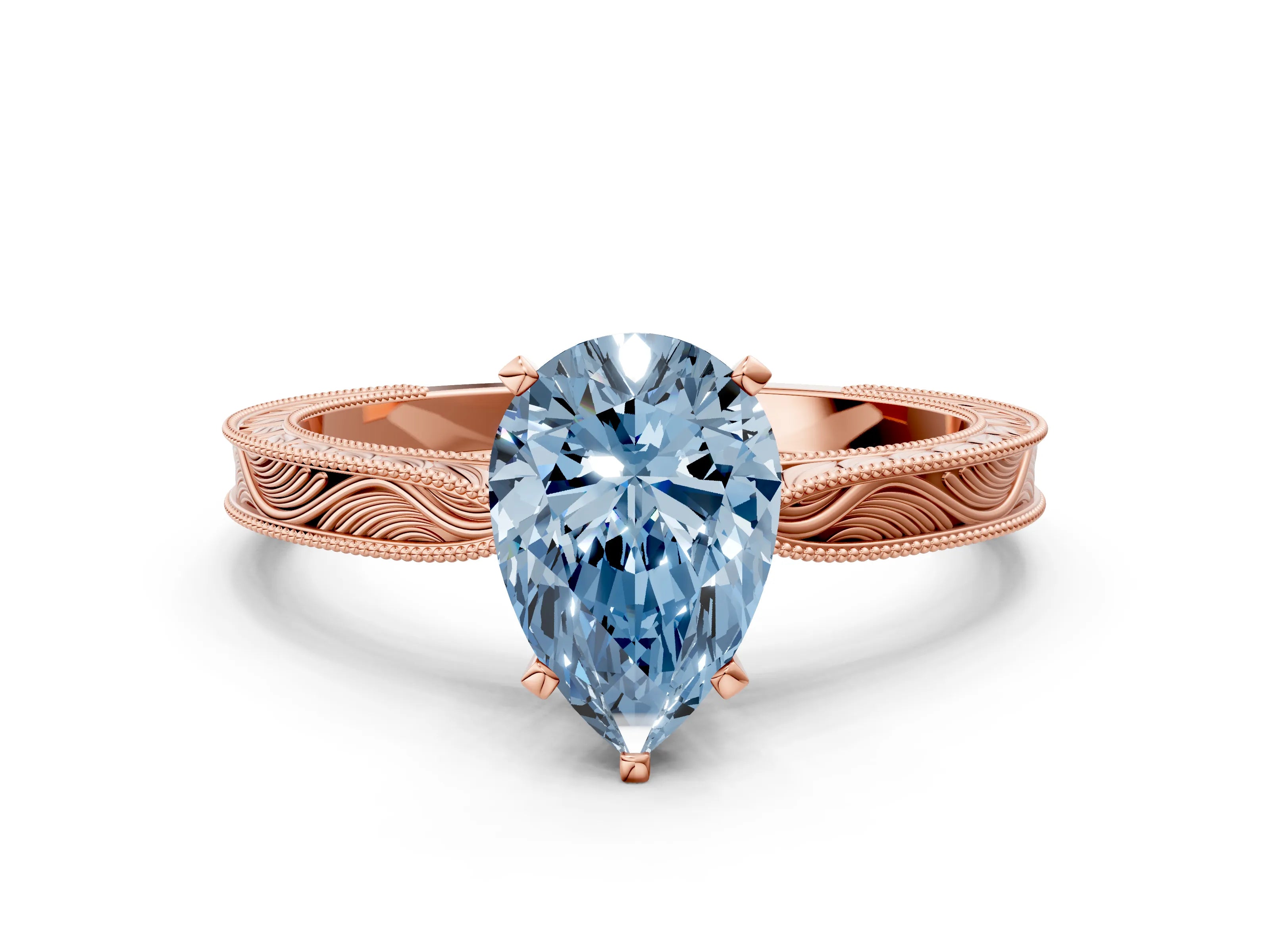 Rose gold Fancy Blue Pear Cut Solitaire Milgrain Engraved Band with Four-Prong Setting