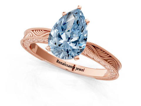 Rose gold Fancy Blue Pear Cut Solitaire Milgrain Engraved Band with Four-Prong Setting_1