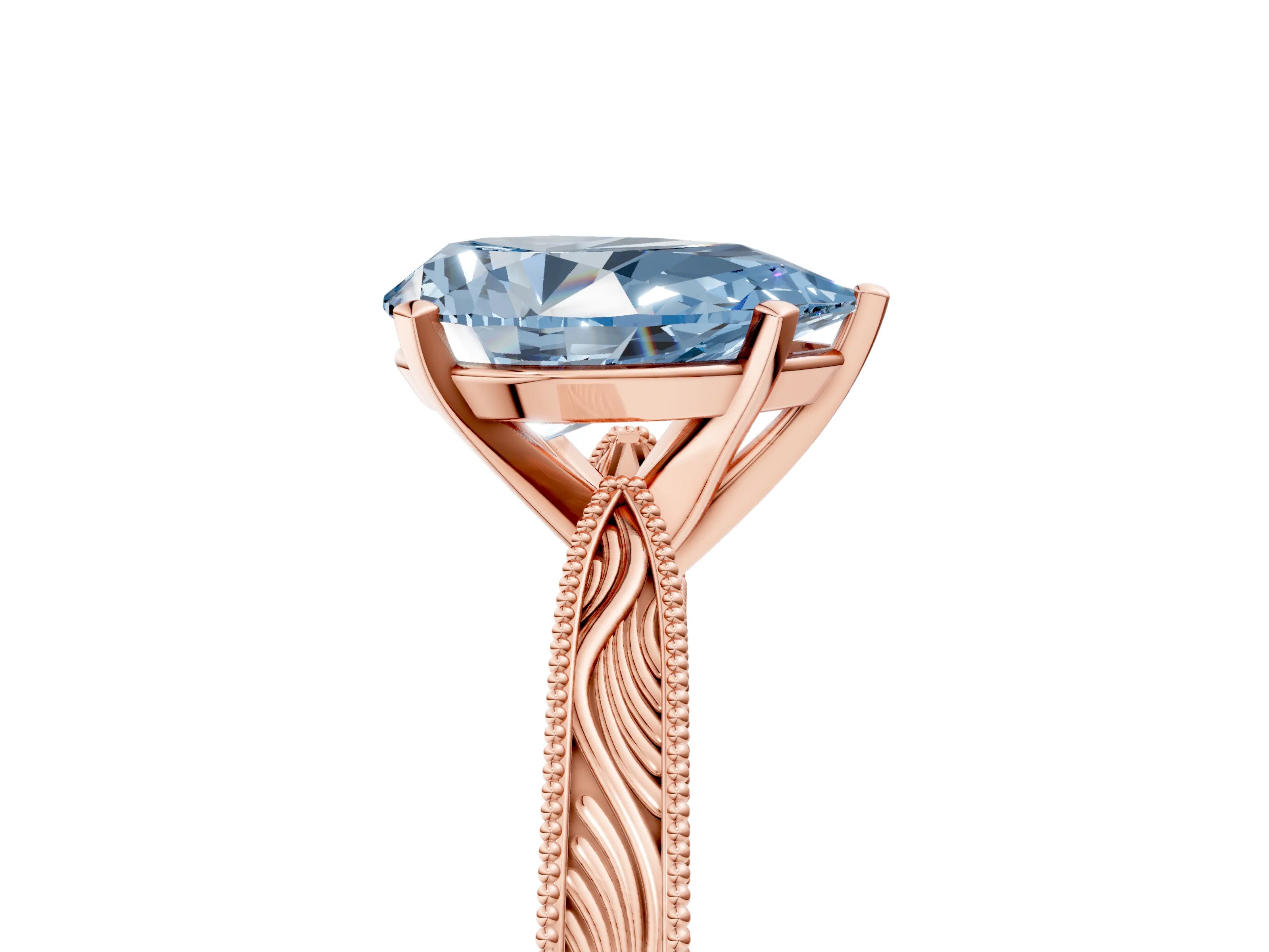 Rose gold Fancy Blue Pear Cut Solitaire Milgrain Engraved Band with Four-Prong Setting_5