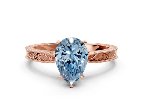 Rose gold Fancy Blue Pear Cut Solitaire Milgrain Engraved Band with Four-Prong Setting