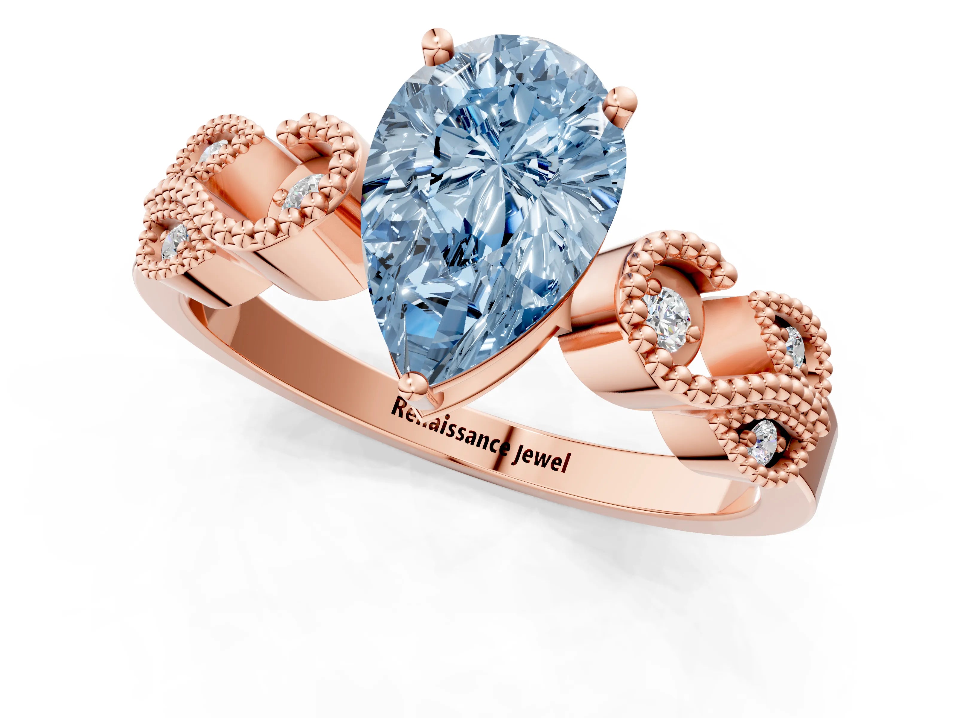 Rose gold Fancy Blue Pear Cut Solitaire Milgrain Leaf Band with Prong Setting_1