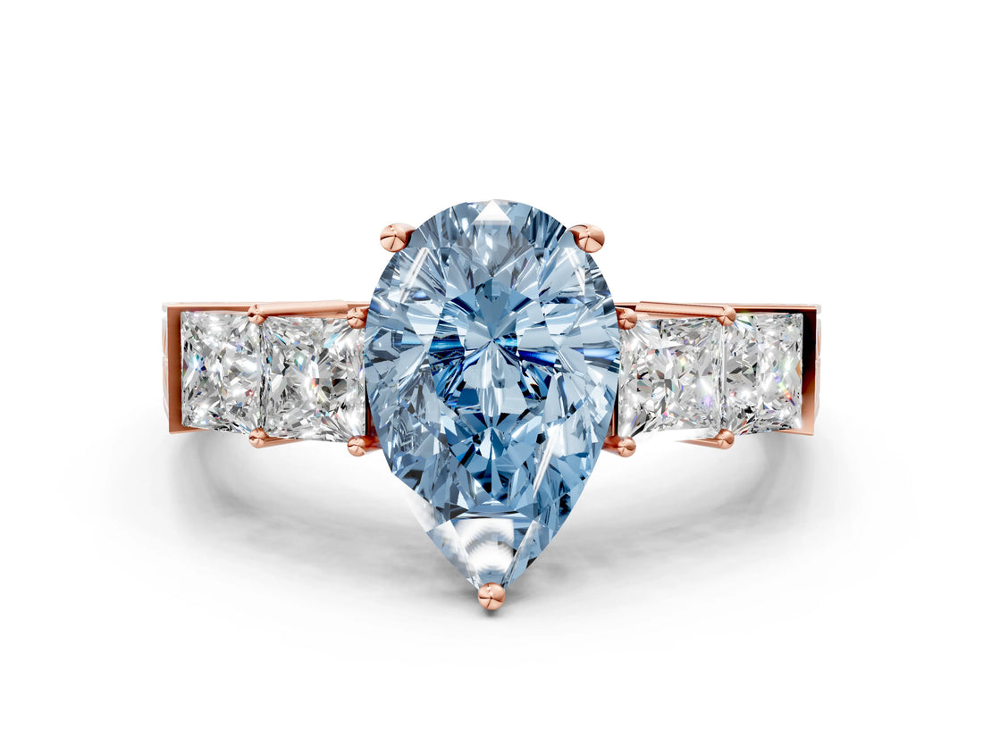 Rose gold Fancy Blue Pear Cut Solitaire Princess Side Stone Engraved Band Prong Setting Ring